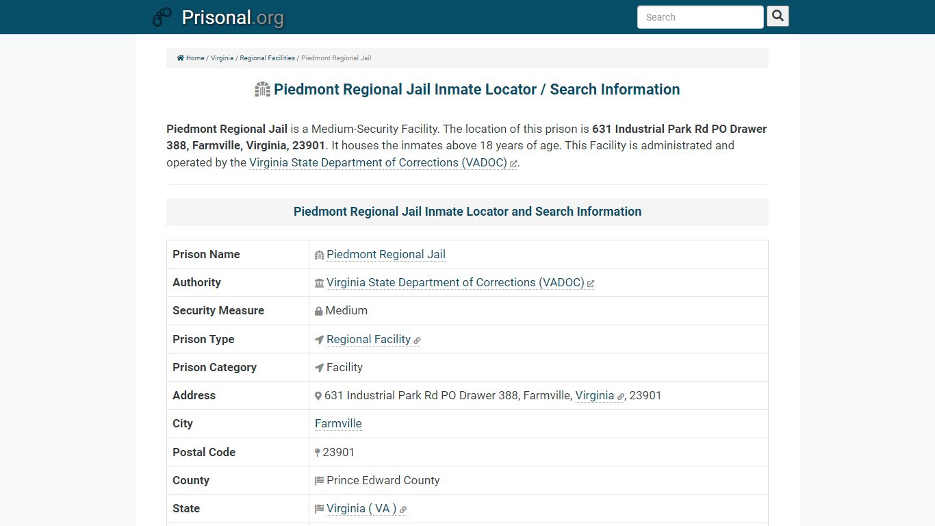 Piedmont Regional Jail-Inmate Locator/Search Info, Phone ...